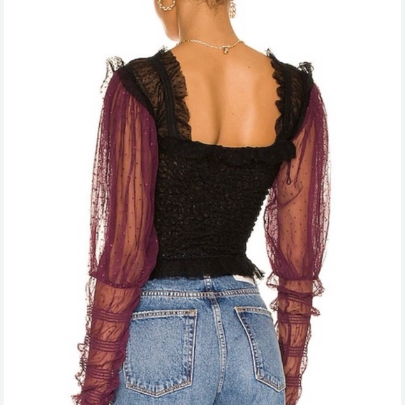 Free People Women’s Plum/Black - SZ L - Smocked Sheer Long Puff Sleeve Top - Picture 2 of 16
